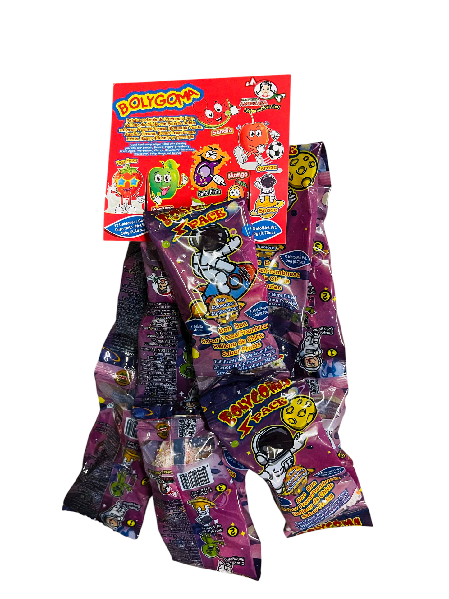 Bolygoma Sabor Frambuesa - Paleta con Chicle y Polvito Ácido 12 Piezas