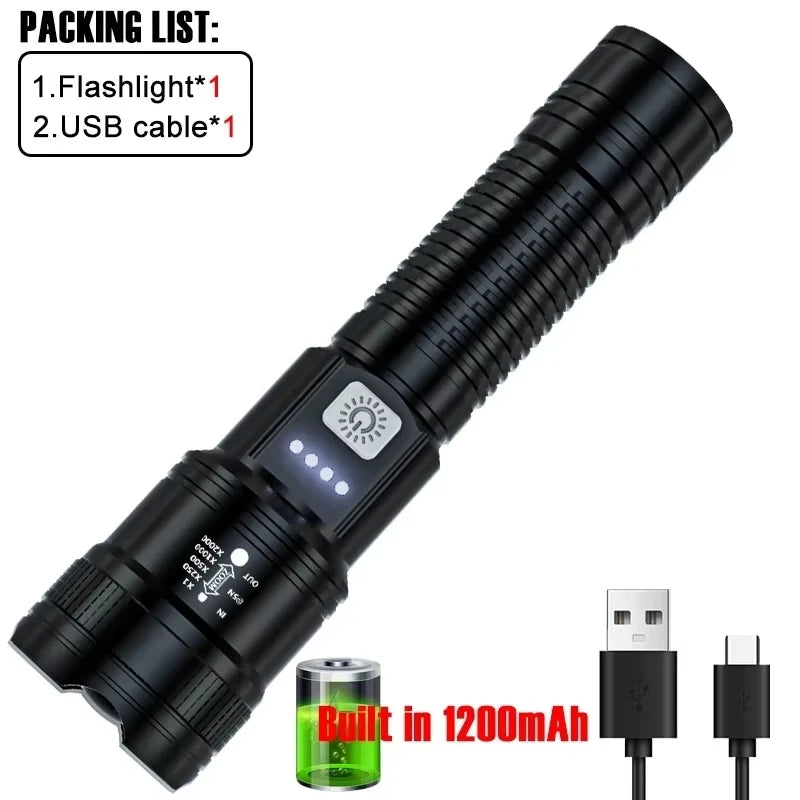 Linterna LED Táctica 2000LM - Recargable USB con Display y Zoom
