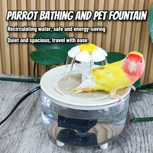 Fuente de Agua Automática 2 en 1 para Pájaros y Mascotas Pequeñas - Baño para Loros con USB
