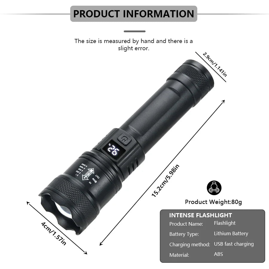 Linterna LED Táctica 2000LM - Recargable USB con Display y Zoom