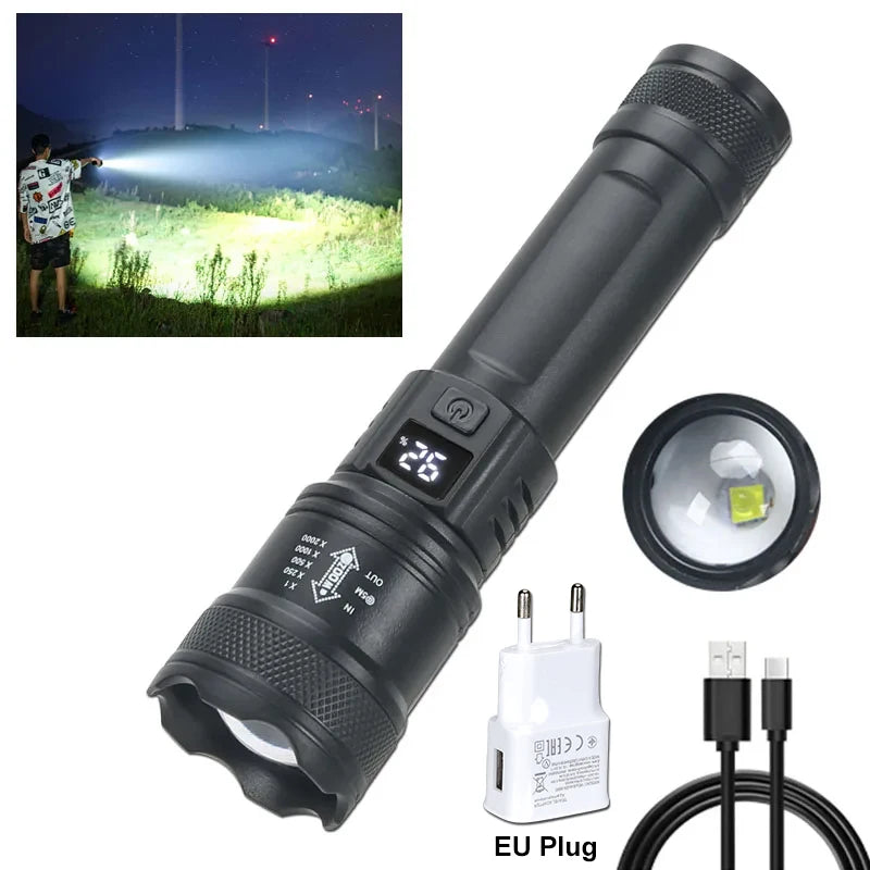 Linterna LED Táctica 2000LM - Recargable USB con Display y Zoom