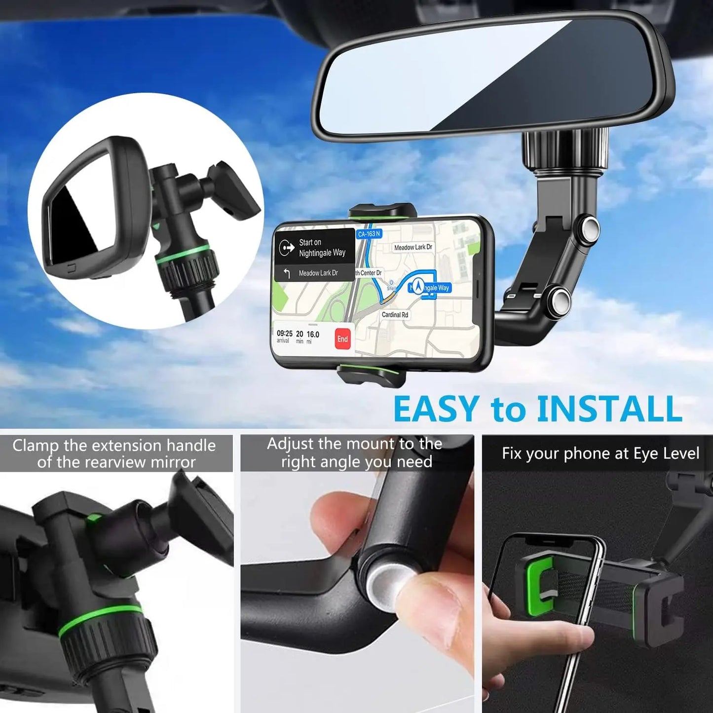 Soporte Teléfono Espejo Retrovisor - 360° Rotable Retráctil