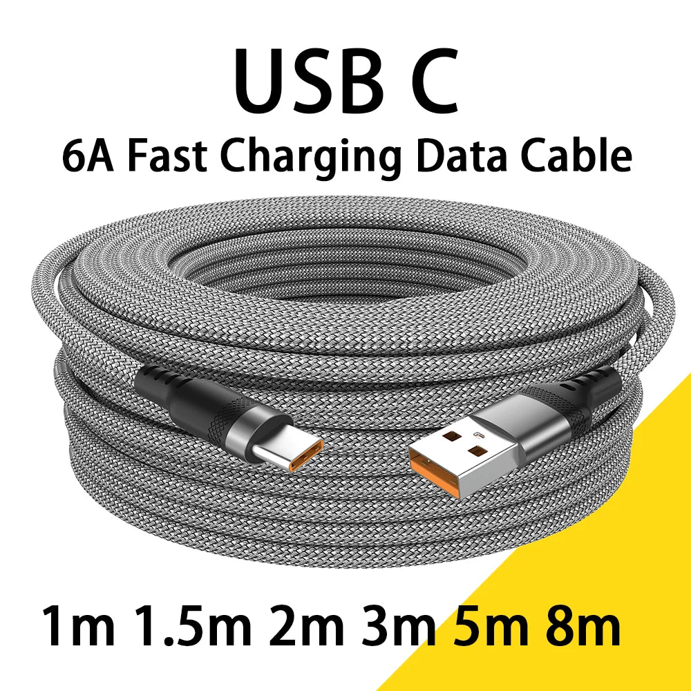 Cable USB-C 6A Carga Súper Rápida - Extensión 1m a 8m para Huawei Xiaomi
