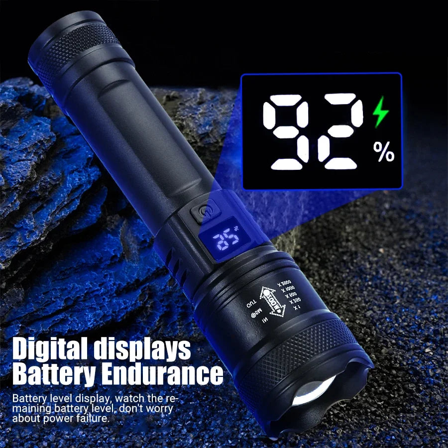 Linterna LED Táctica 2000LM - Recargable USB con Display y Zoom