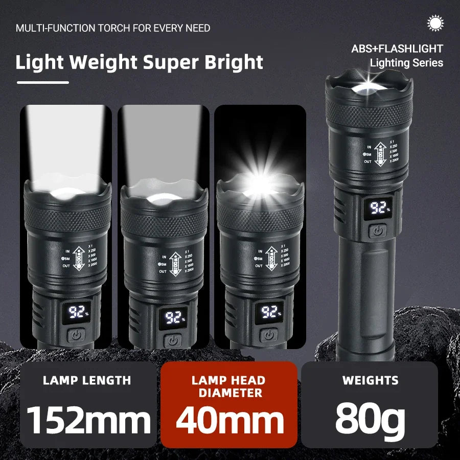 Linterna LED Táctica 2000LM - Recargable USB con Display y Zoom
