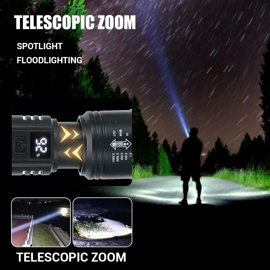 Linterna LED Táctica 2000LM - Recargable USB con Display y Zoom