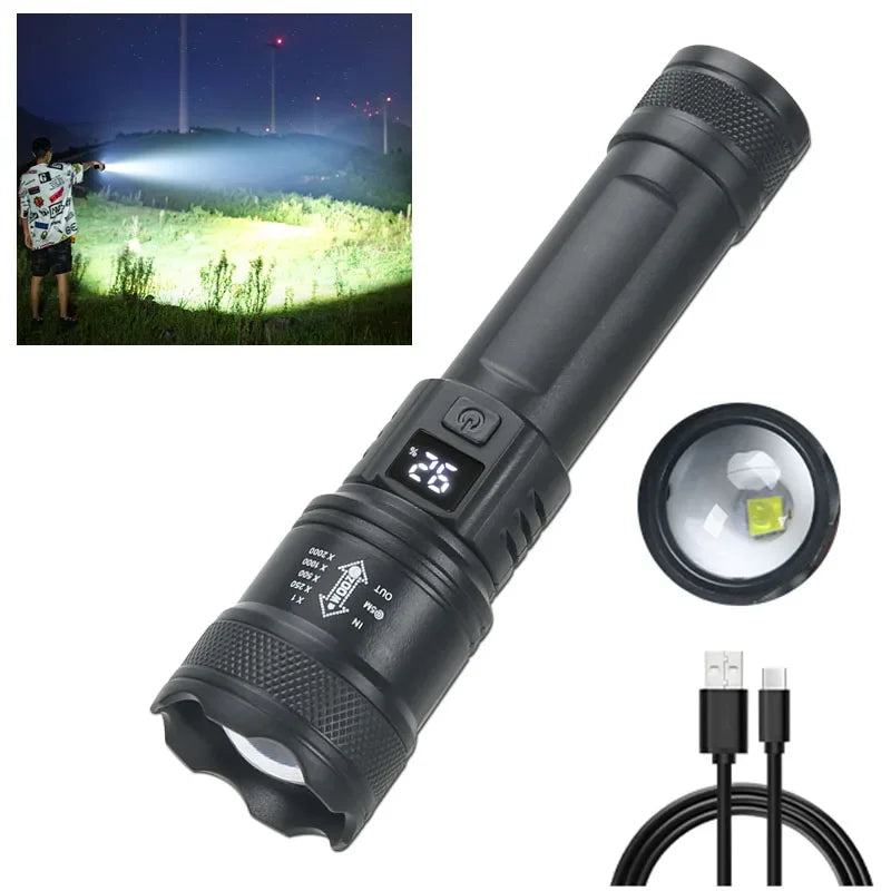 Linterna LED Táctica 2000LM - Recargable USB con Display y Zoom